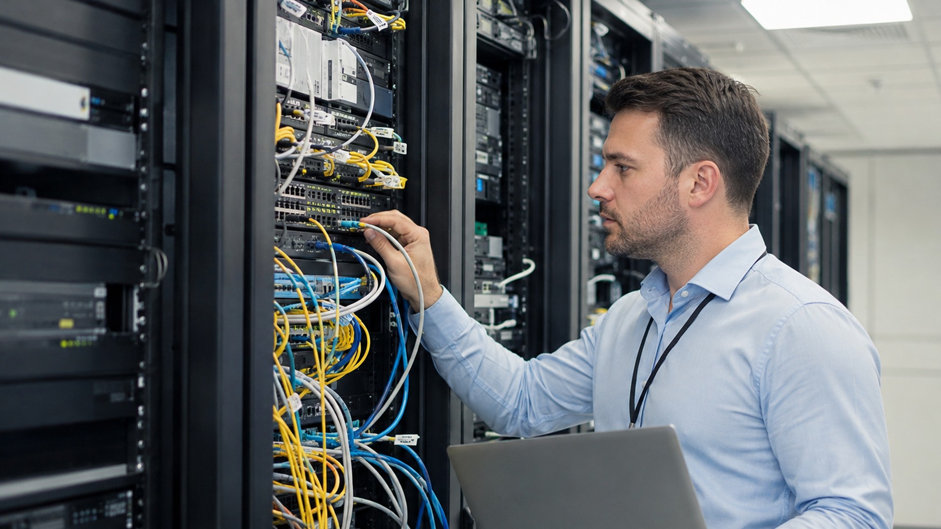 ONETEC engineer patching cabling in a communications rack